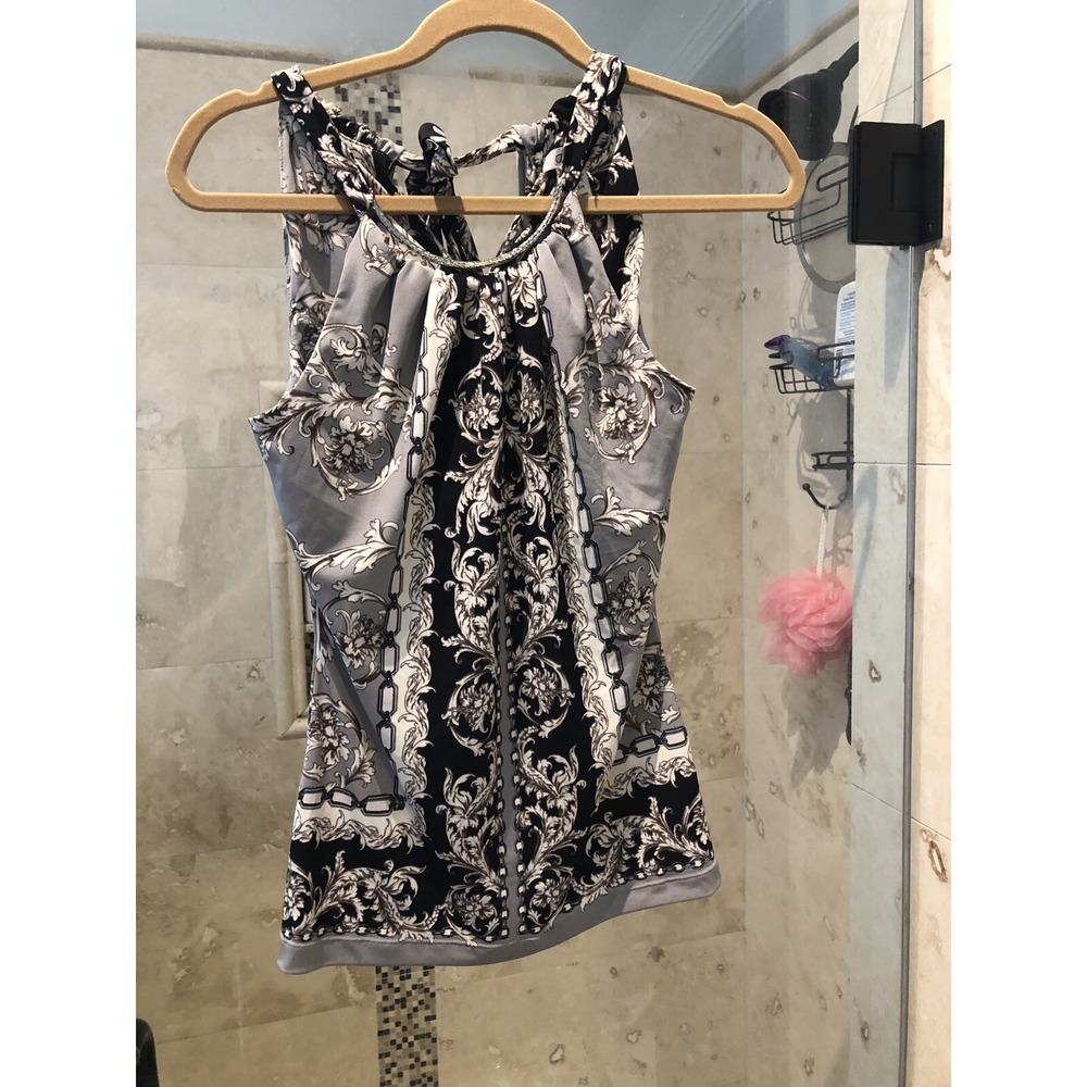 Cache Gray Black Chain Print Halter Top Blouse XS Jersey Silver Ring Detail